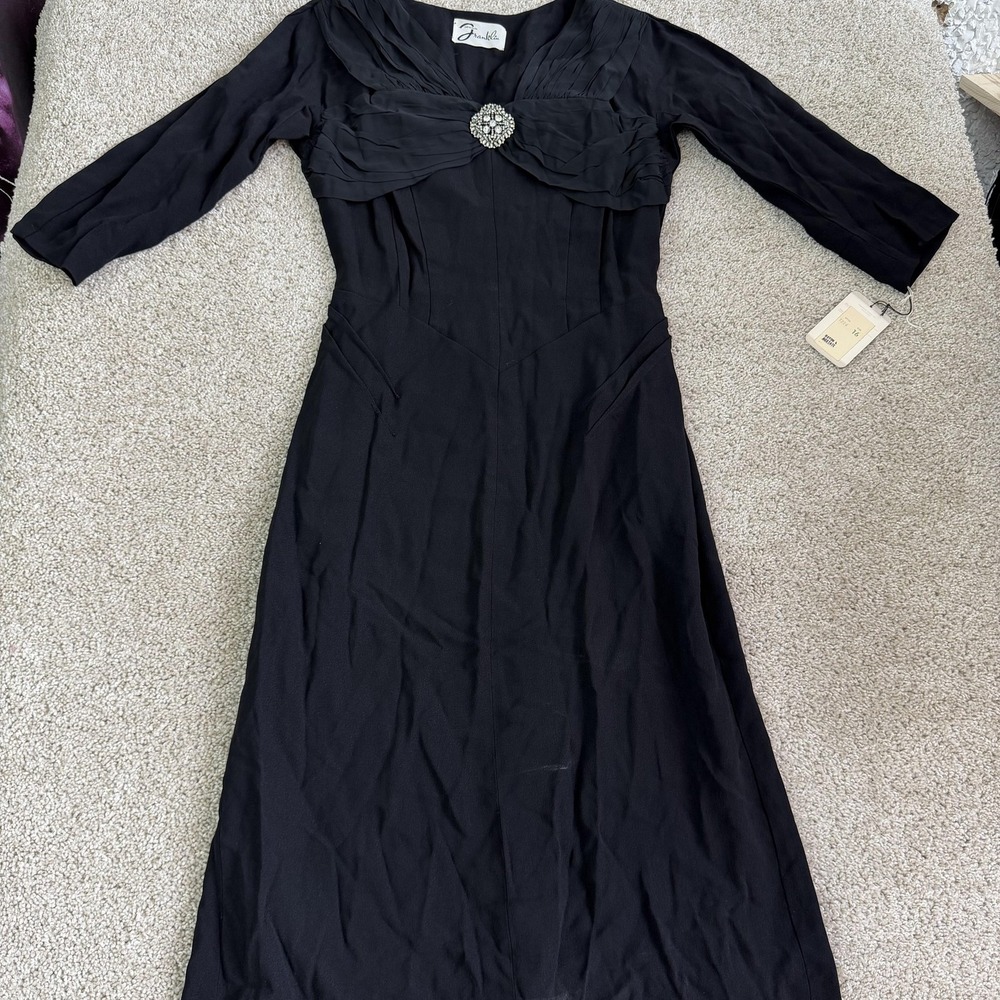 Vintage Franklin Dress Womens 16 Black 3/4 Sleeve Sweetheart Maxi Rhinestone